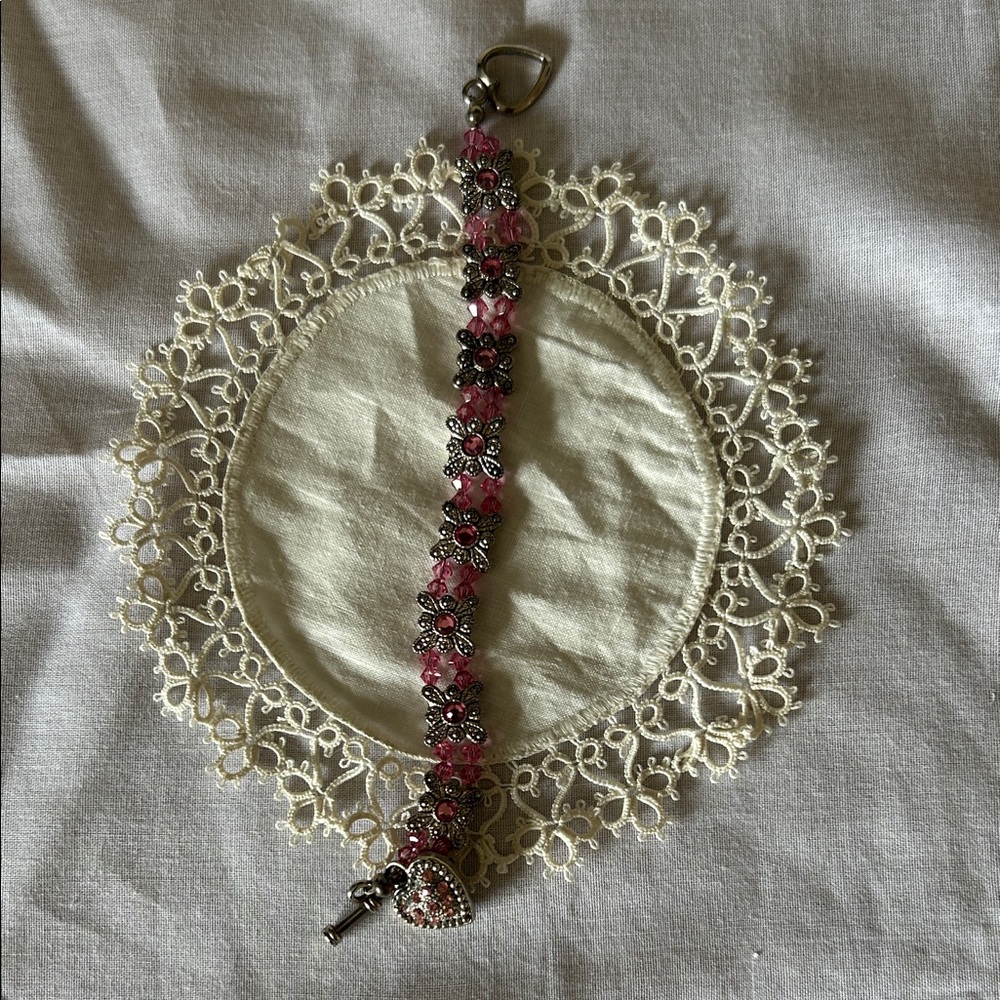 Pink Crystal Flower Bracelet with Heart Charm and Matching Earrings
